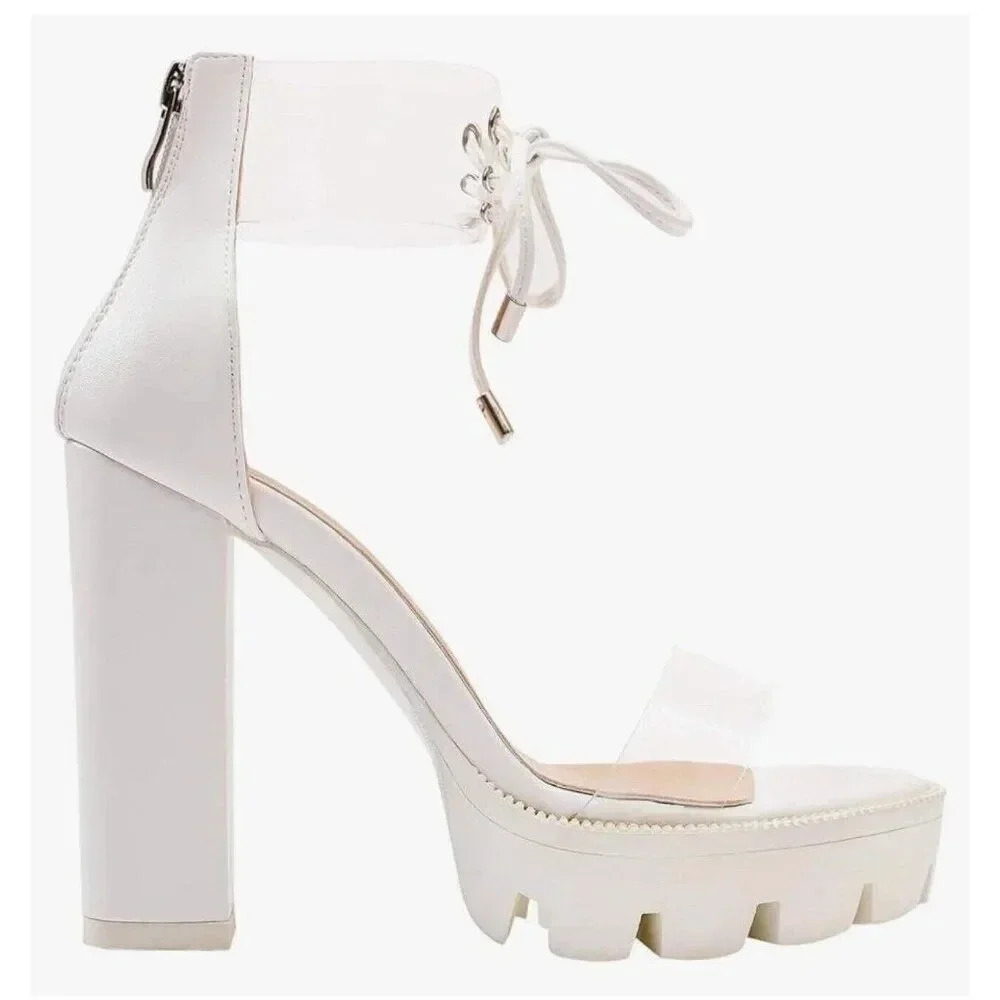 OLCHEE Women's Clear Ankle Strap Platform Sandals - Transparent Lace High Heels